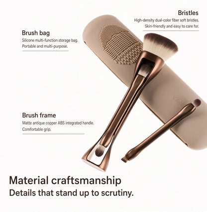 Fiber bristles, copper-colored handles and silicone brush pouch
