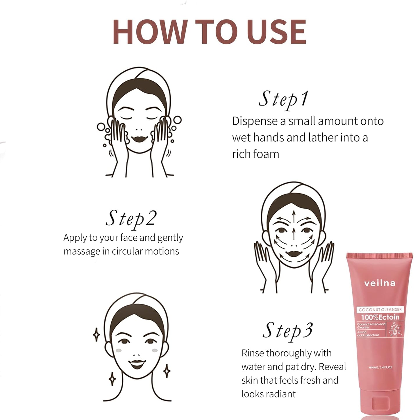 Veilna Coconut Amino Acid Facial Cleanser for Sensitive Skin | 2-in-1 Gentle Cleanser with 100% Ectoin